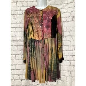 BOOM Tie Dye Embroidered Velvet Boho Mini Dress Mixed Media Button Front Medium